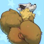 anthro anus black_nose brown_ears brown_pawpads brown_tail ear_piercing female genitals green_eyes gulonine hi_res humanoid_genitalia humanoid_pussy k0ira mammal marten mustelid musteline pawpads piercing pussy solo tail yellow_neck