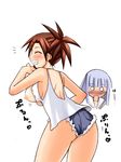  aisaka_sayo asakura_kazumi ass blush bouncing_breasts breasts brown_hair cutoffs denim denim_shorts hair_ornament hairclip jaw_drop kamiya_ogawa large_breasts mahou_sensei_negima! multiple_girls nipples o_o short_shorts shorts smile thighs 