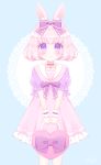  animal_ears bag blue_background blush bow brown_bow bunny_ears choker closed_mouth collarbone commentary_request doily dress frilled_dress frills hair_bow heart highres himetsuki_luna holding holding_bag original pink_dress pink_hair puffy_short_sleeves puffy_sleeves purple_bow purple_choker purple_eyes purple_skirt sailor_collar short_hair short_sleeves skirt smile solo symbol-shaped_pupils v_arms white_sailor_collar wrist_cuffs 