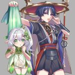  1boy 1girl :p akanbe armlet armor belt black_bodysuit black_hair black_kimono black_shorts black_sleeves bloomers bodysuit bracelet braid cape_grab caramelo_game carrying carrying_person clenched_hands cross-shaped_pupils detached_sleeves dress eyelid_pull eyeliner eyeshadow finger_to_eye genshin_impact gold green_eyes green_sleeves grey_background hair_intakes hair_ornament hakama hakama_shorts hat highres japanese_armor japanese_clothes jewelry jingasa kimono kote kurokote leaf leaf_hair_ornament looking_at_another makeup mitsudomoe_(shape) nahida_(genshin_impact) neck_ring o-ring open_mouth pointy_ears purple_belt purple_eyes purple_rope red_eyeliner red_eyeshadow red_hat red_trim rope scaramouche_(genshin_impact) shimenawa short_sleeves shorts side_braid side_ponytail sidelocks single_braid symbol-shaped_pupils tassel tomoe_(symbol) tongue tongue_out veil white_bloomers white_dress white_hair white_rope white_trim wristlet 