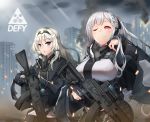  2girls absurdres adjusting_hair ak-12 ak-12_(girls_frontline) ammunition an-94 an-94_(girls_frontline) assault_rifle bangs black_gloves blonde_hair blue_eyes braid breasts cape closed_mouth commentary_request doyagao eyebrows_visible_through_hair french_braid girls_frontline gloves gun hair_ornament hairband highres holding holding_gun holding_weapon jacket kirochef large_breasts long_hair long_sleeves looking_at_viewer mask mask_removed military multiple_girls one_eye_closed purple_eyes ribbon rifle sidelocks silver_hair smile smug trigger_discipline very_long_hair weapon 
