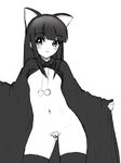  animal_ears artist_request bottomless cape flat_chest greyscale hazuki_(tsukuyomi) maebari monochrome naked_cape open_clothes open_robe robe smile solo standing thighhighs tsukuyomi_moonphase 