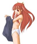  :o anya_cocolova blush flat_chest hair_ribbon kasuga_yukihito long_hair mahou_sensei_negima! open_mouth panties red_eyes red_hair ribbon solo topless twintails underwear undressing very_long_hair white_panties 