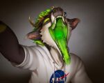 anthro antlers bodily_fluids brown_body brown_fur clothing deer detailed_mouth eyewear fangs fur glasses green_body green_fur green_mouth green_tongue hi_res hoodie horn long_tongue looking_at_viewer male mammal mouth_shot nasa open_mouth poisewritik saliva saliva_on_tongue saliva_string simple_background solo teeth tongue tongue_out topwear white_body white_clothing white_fur white_hoodie white_topwear yellow_eyes