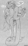  absurd_res anthro coiling dialogue digital_media_(artwork) duo energy_drain english_text feet felpur fur hair hi_res male male/male mammal monochrome nude nude_anthro procyonid raccoon reptile scalie serpentine shikan simple_background sketch snake tacokurt tail text tongue tongue_out 