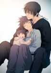  1girl 2boys aged_down black_hair blue_hoodie carrying carrying_person child closed_eyes closed_mouth commentary_request cuddling family father_and_son fushiguro_megumi fushiguro_touji head_on_head head_rest highres hood hoodie husband_and_wife jujutsu_kaisen megumi's_mother_(jujutsu_kaisen) mother_and_son multiple_boys muscular muscular_male open_mouth remsor076 scar scar_on_face scar_on_mouth short_hair signature sleeping smile twitter_username white_hoodie 