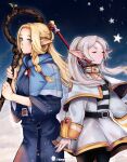  2girls ambrosia_(dungeon_meshi) artist_name black_pantyhose blonde_hair blue_dress blue_eyes closed_eyes closed_mouth dress dungeon_meshi earrings elf english_commentary frieren highres holding holding_staff jewelry long_hair looking_at_viewer marcille_donato max_art149 multiple_girls night night_sky pantyhose pointy_ears sky sousou_no_frieren staff star_(symbol) trait_connection twintails white_dress white_hair 