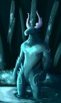 anthro arion_(himeros) deer deity elemental_creature eyeless flora_fauna forest glowing glowing_tattoo green_light hi_res himerosthegod leaf magic male mammal muscular opal partially_submerged plant solo standing_in_water tattoo tree water