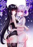  2girls absurdres ass bandeau bangs baocaizi bare_arms bare_shoulders black_hair black_legwear black_leotard blush bow bow_panties commentary_request crying crying_with_eyes_open eyebrows_visible_through_hair flower glowing hair_between_eyes hair_flower hair_ornament highres lace lace-trimmed_thighhighs leotard long_hair multiple_girls original panties parted_lips purple_eyes purple_flower purple_rose red_eyes ribbon-trimmed_panties rose short_hair silver_hair tears thighhighs underwear very_long_hair white_bandeau white_flower white_panties 