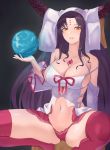  1girl absurdres artist_request bangs bare_shoulders black_hair blush breasts chest_tattoo cleavage collarbone facial_mark fate/extra fate/extra_ccc fate_(series) forehead forehead_mark globe highres horns large_breasts leaning_back long_sleeves looking_at_viewer navel panties parted_lips pink_legwear pink_panties revealing_clothes sesshouin_kiara smile spread_legs squatting tattoo thighs underwear veil wavy_hair yellow_eyes 