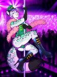  anthro dancing felid fur girly hi_res male mammal michikochan nightclub pantherine pinup pole pole_dancing pose rave snow_leopard solo white_body white_fur 
