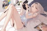  1girl absurdres an-94_(girls_frontline) black_panties blue_eyes blurry blurry_background camisole cat cat_teaser girls_frontline hairband highres long_hair looking_at_viewer lunaplum lying on_back on_bed panties side-tie_panties solo thighs underwear 