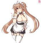  1girl alternate_costume apron artist_logo black_skirt blouse blowing_kiss breasts brown_eyes cleavage commentary_request dated detached_collar enmaided frilled_apron frilled_blouse frilled_skirt frills garter_straps highres kanon_(kurogane_knights) kantai_collection large_breasts light_brown_hair long_hair looking_at_viewer maid murasame_(kantai_collection) one_eye_closed simple_background skirt solo suspender_skirt suspenders thighhighs twintails waist_apron white_apron white_background white_blouse white_legwear wrist_cuffs 