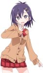  1girl :d blush bow bowtie brown_cardigan cardigan gabriel_dropout hair_ornament ixy long_sleeves looking_at_viewer open_mouth plaid plaid_skirt purple_eyes purple_hair red_neckwear red_skirt school_uniform short_hair skirt smile solo tsukinose_vignette_april x_hair_ornament 