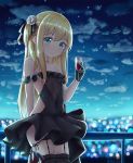  1girl arm_behind_back bare_shoulders black_dress black_gloves black_legwear black_panties blonde_hair blue_eyes borrowed_character breasts city cloud covered_navel cup dress drinking_glass flower frilled_dress frills garter_straps gloves hair_flower hair_ornament highres horizon jewelry lights long_hair necklace night night_sky original outdoors panties panty_pull pearl_necklace railing shimotsuki_potofu short_dress side-tie_panties side_ponytail sky small_breasts smile solo star_(sky) thighhighs thighs underwear vellistix 