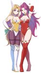  2girls ;d angela_(seiken_densetsu_3) arm_behind_head bare_shoulders blonde_hair blue_eyes blue_nails boots breasts bridal_gauntlets cleavage closed_mouth commentary_request full_body hand_on_another&#039;s_hip hand_on_another&#039;s_shoulder hand_on_hip highres long_hair looking_at_viewer medium_breasts mizuno_(pixiv31352320) multiple_girls nail_polish one_eye_closed open_mouth purple_hair race_queen red_legwear red_nails riesz seiken_densetsu seiken_densetsu_3 simple_background smile standing thigh_boots thighhighs thighs white_background yellow_eyes 