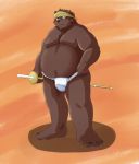  2018 anthro asian_clothing baru_x2 belly brown_body brown_fur bulge clothing east_asian_clothing fundoshi fur humanoid_hands japanese_clothing male mammal moobs overweight overweight_male solo underwear ursid weapon 