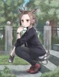  1girl alternate_costume animal_ears antelope_ears antelope_horns arm_rest black_legwear black_shirt brown_hair casual cellphone closed_mouth contemporary day extra_ears forehead from_side full_body hand_on_own_chin hand_up highres holding holding_phone horns kemono_friends kotobukkii_(yt_lvlv) legwear_under_shorts looking_afar multicolored_hair outdoors pantyhose phone red_eyes red_footwear serious shirt shoes short_hair shorts sidelocks sitting smartphone solo stairs tail thinking topi_(kemono_friends) two-tone_hair watch wristwatch 