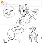  anthro comic dialogue duo english_text felid female glacierclear hi_res human male male/female mammal pantherine speech_bubble text tiger whiskers yellow_eyes 
