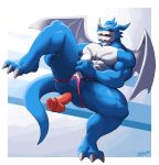  2020 abs anal anal_penetration anthro balls biceps blue_body blue_skin bulge butt claws clothing digimon digimon_(species) digital_drawing_(artwork) digital_media_(artwork) dildo dragon erection exveemon genitals hi_res horn humanoid_genitalia humanoid_penis jockstrap looking_at_viewer male masturbation muscular muscular_anthro muscular_male open_mouth pecs penetration penis sex_toy simple_background smile solo underwear video_games voviat wings 
