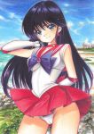  1girl back_bow bishoujo_senshi_sailor_moon black_hair blue_eyes bow earrings highres hino_rei inner_senshi jewelry marker_(medium) mechanical_pencil panties pencil red_sailor_collar sailor_collar sailor_mars sailor_senshi sailor_senshi_uniform tomoeri traditional_media underwear 