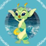  1:1 2020 3_toes aliasing alien antennae_(anatomy) arm_markings blue_eyes blue_mouth blue_tongue bonnie_(lilo_and_stitch) brown_nose disney experiment_(lilo_and_stitch) eyelashes facial_markings fangs flower forehead_markings full-length_portrait fur furu_(artist) green_body green_fur head_markings head_tuft hi_res leg_markings lilo_and_stitch markings multicolored_antennae open_mouth open_smile photo_background plant portrait smile solo standing toes tongue tuft water wave 