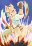  2020 absurd_res action_pose anthro belt brown_body brown_fur canid canine clothing dipstick_tail enso_t0324 fingerless_gloves fire fox fox_mccloud fur gloves handwear hi_res jacket male mammal multicolored_tail nintendo pose scarf sky smile solo star star_fox starry_sky topwear video_games 