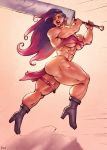  abs big_breasts breasts cleavage clothed clothing elf female footwear hair hi_res high_heels humanoid humanoid_pointy_ears janrock legband long_hair melee_weapon muscular muscular_female not_furry shoes solo sword thick_thighs thighband weapon 