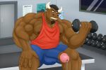  3:2 alex_(bayron) anthro bayron_(artist) bench black_hair bodily_fluids bovid bovine brown_body brown_skin bulge carpet cattle clothing door drinking_fountain exercise facial_hair genital_fluids genitals goatee green_eyes gym gym_clothing hair hi_res horn male mammal muscular muscular_anthro muscular_male penis piercing poster precum red_clothing sitting solo spiked_hair sweat vein weights window workout 
