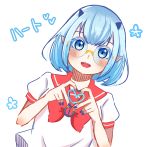  1girl babyls_school_uniform blue_eyes blue_hair blue_nails blush commentary_request crocell_kerori demon_girl dutch_angle fangs glasses heart heart_hands highres horns mairimashita!_iruma-kun nail_polish pointy_ears rimless_eyewear round_eyewear school_uniform shirt short_hair short_sleeves solo umou_futon upper_body white_background white_shirt 