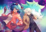  abstract_background anthro black_nose blue_body blue_eyes blue_fur blue_hair brand_new_animal brown_body brown_fur canid canine canis clothed clothing coat collar crowley female fluffy fluffy_tail fur gloves gloves_(marking) hair handwear hi_res hsorts jacket male mammal markings michiru_kagemori open_mouth raccoon_dog shirou_ogami studio_trigger tanuki topwear wolf 