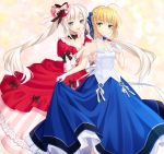  2girls :d ahoge artoria_pendragon_(all) bangs black_ribbon blonde_hair blue_dress blue_eyes blue_ribbon bow braid breasts choker closed_mouth collarbone commentary_request dress eyebrows_visible_through_hair fate/grand_order fate_(series) flower frilled_dress frills gloves green_eyes hair_between_eyes hair_flower hair_ornament hair_ribbon layered_dress long_dress long_hair looking_at_viewer marie_antoinette_(fate/grand_order) multicolored multicolored_clothes multicolored_dress multiple_girls open_mouth puffy_sleeves red_dress ribbon saber see-through shino_skk short_hair sleeveless sleeveless_dress small_breasts smile very_long_hair white_bow white_choker white_dress white_gloves white_hair 