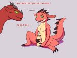  ambiguous_gender anthro balls bodily_fluids claws dabelette digital_media_(artwork) domination dragon duo erection genital_fluids genitals hi_res horn hypnosis kobold male masturbation mind_control nude open_mouth penis precum red_body red_skin scalie simple_background spiral_eyes submissive submissive_male text tongue 