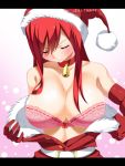  1girl artist_name bare_shoulders bell bell_collar belt belt_buckle blush bra breasts buckle choker closed_eyes collar collarbone elbow_gloves erza_scarlet eyebrows_visible_through_hair fairy_tail gaston18 gloves gradient gradient_background hair_between_eyes hat highres large_breasts long_hair pink_background red_hair santa_costume santa_hat sleeveless solo underwear upper_body watermark white_background 