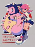  2019 4_nipples anthro biped blue_eyes bottomwear bovid bovine clothing duo english_text female footwear grey_background gym_leader hair hi_res holding_object holding_pok&eacute;ball human mammal miltank multi_nipple nintendo nipples ok_ko19 open_mouth open_smile pink_body pink_hair pink_skin pok&eacute;ball pok&eacute;mon pok&eacute;mon_(species) purple_eyes shoes shorts simple_background smile standard_pok&eacute;ball standing tan_body tan_skin text video_games white_outline whitney_(pok&eacute;mon) yellow_body yellow_skin 