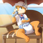  1:1 absurd_res anthro baltnwolf_(artist) beach buizel chair diaper drinking furniture hi_res infantilism light male nintendo pok&eacute;mon pok&eacute;mon_(species) sailor_hat sand sea seaside sitting solo sunlight umbrella video_games water 