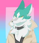  2020 anthro black_nose blue_body blue_fur brand_new_animal bust_portrait canid canine canis clothed clothing coat collar fur green_eyes hair hi_res looking_at_viewer male mammal portrait shirou_ogami studio_trigger topwear wolf yunikoru 