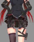  1girl batiao_zhai black_hair black_legwear black_skirt breasts grey_background head_out_of_frame highres lucia_(punishing:_gray_raven) mechanical_arms mechanical_legs mechanical_parts medium_breasts multicolored_hair punishing:_gray_raven red_hair self_exposure single_thighhigh skindentation skirt solo_focus thigh_pouch thigh_strap thighhighs thighs wiring 