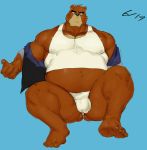 2020 anthro asian_clothing blue_background brown_body brown_fur bulge clothing east_asian_clothing fundoshi fur genital_outline hi_res humanoid_hands japanese_clothing juuichi_mikazuki male mammal morenatsu overweight overweight_male penis_outline shirt simple_background sitting solo topwear tora_gy underwear ursid video_games visual_novel 