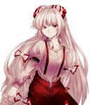  1girl arm_behind_back arm_garter baggy_pants beige_shirt black_eyes blurry bow buckle buttons closed_mouth collared_shirt commentary cowboy_shot eyes_visible_through_hair floating_hair frown fujiwara_no_mokou grey_hair hair_bow highres hime_cut juliet_sleeves long_hair long_sleeves looking_at_viewer outstretched_hand pants puffy_sleeves red_bow red_eyes red_pants serious shirt sidelocks simple_background solo somei_ooo suspenders touhou very_long_hair white_background white_bow wing_collar yellow_eyes 