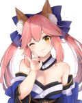  1girl :3 animal_ear_fluff animal_ears bare_shoulders blue_bow bow breasts cleavage closed_mouth detached_collar eyebrows_visible_through_hair fate/extra fate_(series) fox_ears fox_shadow_puppet hair_bow hand_up highres japanese_clothes long_hair medium_breasts nekonomimi one_eye_closed pink_hair simple_background smile solo star_(symbol) tamamo_(fate)_(all) tamamo_no_mae_(fate) twintails upper_body white_background 
