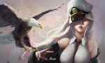  1girl absurdres acooc azur_lane bald_eagle bare_shoulders bird black_jacket black_neckwear breasts commentary_request eagle enterprise_(azur_lane) hat hat_over_one_eye highres jacket large_breasts lipstick long_hair looking_at_viewer makeup military_hat necktie peaked_cap purple_eyes red_lipstick shirt silver_hair sleeveless sleeveless_shirt solo upper_body white_headwear white_shirt 