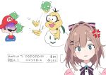  1boy 1girl anger_vein blue_eyes bow brown_hair eyebrows_visible_through_hair hair_bow hair_ornament ixy lakitu looking_at_viewer mario mario_(series) nijisanji short_hair simple_background suzuhara_lulu upper_body virtual_youtuber white_background x_hair_ornament 