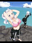  2girls armpits arms_up artist_name ass barefoot beach bird blue_eyes blush bodysuit breasts cleavage cloud collarbone day fairy_tail full_body gaston18 highres large_breasts lisanna_strauss long_hair looking_at_viewer mirajane_strauss multiple_girls navel outdoors short_hair sky smile standing stomach tight water watermark white_hair 