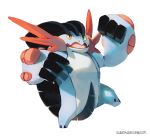  2014 ambiguous_gender blue_body bluekomadori hi_res looking_at_viewer mega_evolution mega_swampert nintendo on_one_leg open_mouth pok&eacute;mon pok&eacute;mon_(species) simple_background standing text url video_games white_background yellow_sclera 