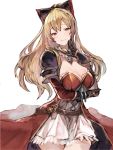  1girl black_bow blonde_hair bow breast_hold breasts cleavage commentary_request dress empty_eyes granblue_fantasy hair_bow large_breasts long_hair looking_at_viewer ponytail red_eyes simanokob smile solo vira_lilie 