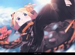  1girl abigail_williams_(fate/grand_order) absurdres bandaid_on_forehead bangs black_bow black_jacket blonde_hair blue_eyes blue_sky blush bow breasts crossed_bandaids daisi_gi fate/grand_order fate_(series) forehead hair_bow hair_bun heroic_spirit_traveling_outfit high_collar highres jacket lens_flare long_hair long_sleeves looking_at_viewer multiple_bows open_mouth orange_belt orange_bow outstretched_arm parted_bangs polka_dot polka_dot_bow sky sleeves_past_wrists small_breasts stuffed_animal stuffed_toy sunlight teddy_bear tentacles 