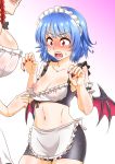  2girls alternate_costume apron armband assisted_exposure blue_hair blush bow braid breasts collarbone crop_top demon_wings embarrassed enmaided eyebrows_visible_through_hair fangs female_pervert fingernails frilled_apron frills grin hair_bow hands_up height_difference highres hong_meiling large_breasts maid maid_headdress medium_hair microskirt midriff motion_blur multiple_girls nail_polish navel nipples no_bra nose_blush pencil_skirt pervert pulled_by_another red_eyes red_nails remilia_scarlet shiny shiny_skin shiraue_yuu skirt small_breasts smile solo_focus stomach sweat touhou waist_apron wings 