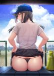  1girl ass bangs baseball_cap black_panties blush bra_through_clothes breasts closed_mouth cloud day eyebrows_visible_through_hair fence from_behind gentsuki hat highres lace lace-trimmed_panties large_breasts lifted_by_self long_hair looking_at_viewer looking_back megaphone miniskirt original panties pleated_skirt profile see-through shirt sidelocks sitting skirt skirt_lift smile solo thong thong_panties twintails underwear 
