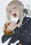  1girl artoria_pendragon_(all) bangs black_camisole black_jacket black_ribbon blonde_hair blush breasts collarbone fate/grand_order fate/stay_night fate_(series) food hamburger highres imizu_(nitro_unknown) jacket jet_black_king_of_knights_ver._shinjuku_1999 long_hair long_sleeves looking_at_viewer low_ponytail medium_breasts open_mouth ribbon saber_alter sidelocks teeth yellow_eyes 